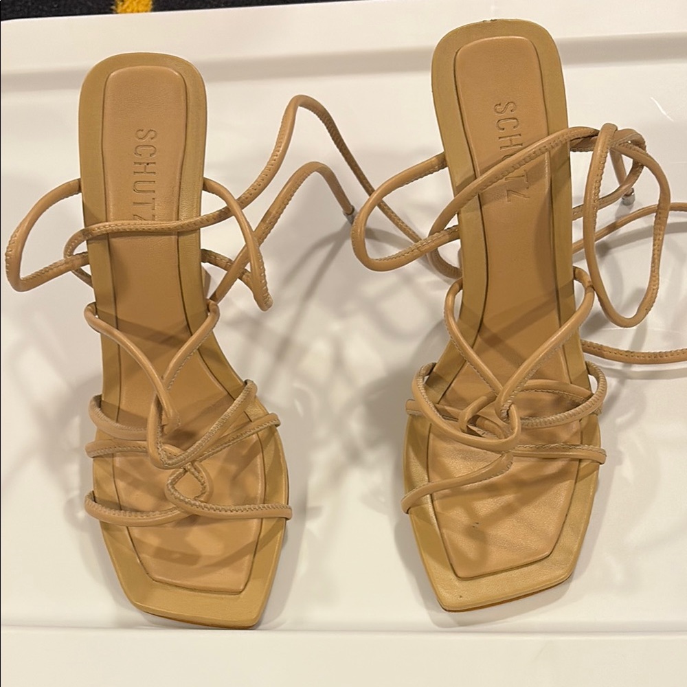 SCHUTZ Tan Strappy Heeled Sandals size 10.5. Heel height is 4.4 inches